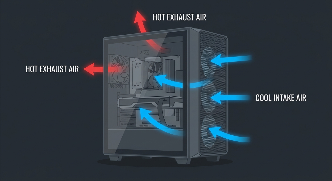 Airflow diagram showing positive pressure airflow through a mesh front panel PC case