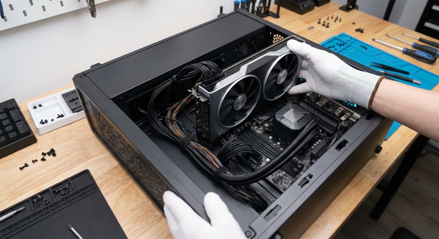 PC builder installing a graphics card into a case with cable management visible