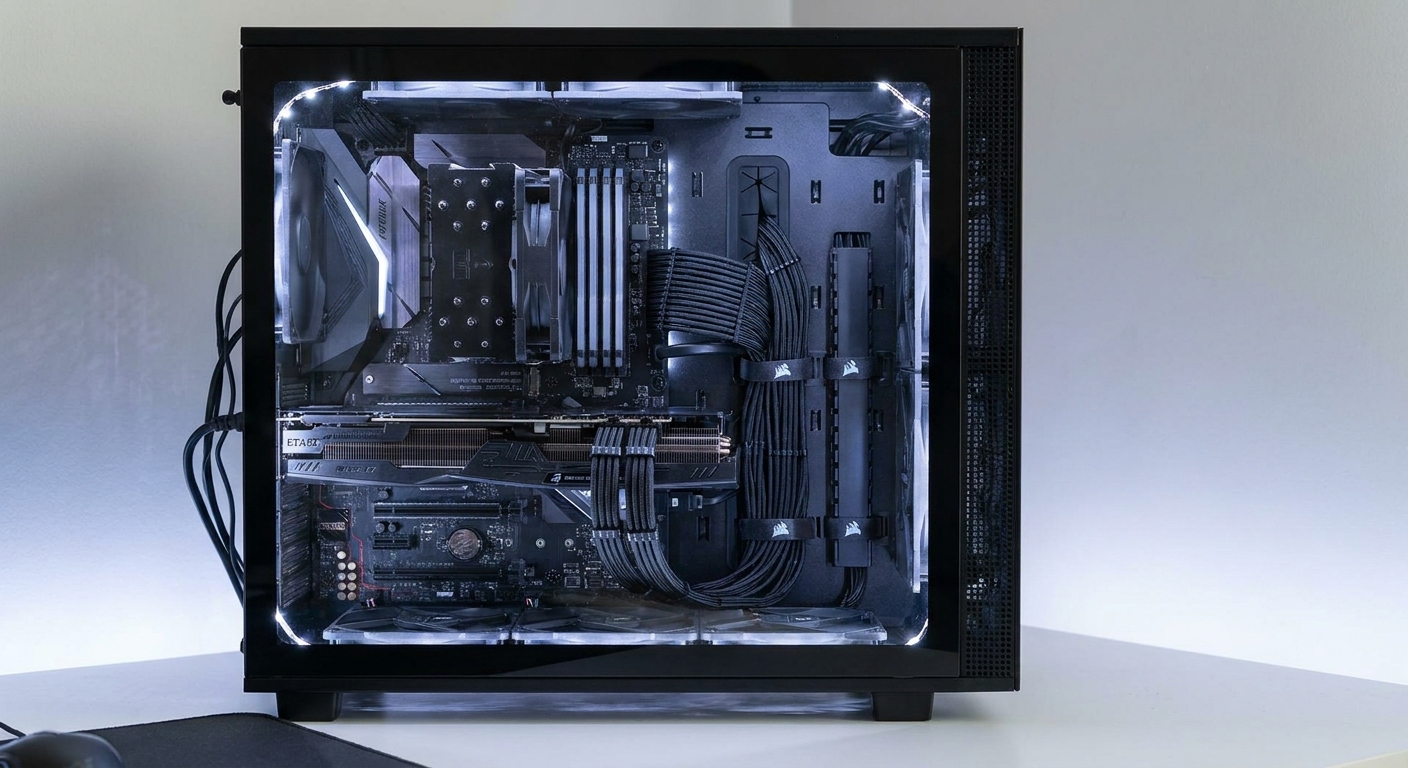 PC case interior showing clean cable management behind motherboard tray