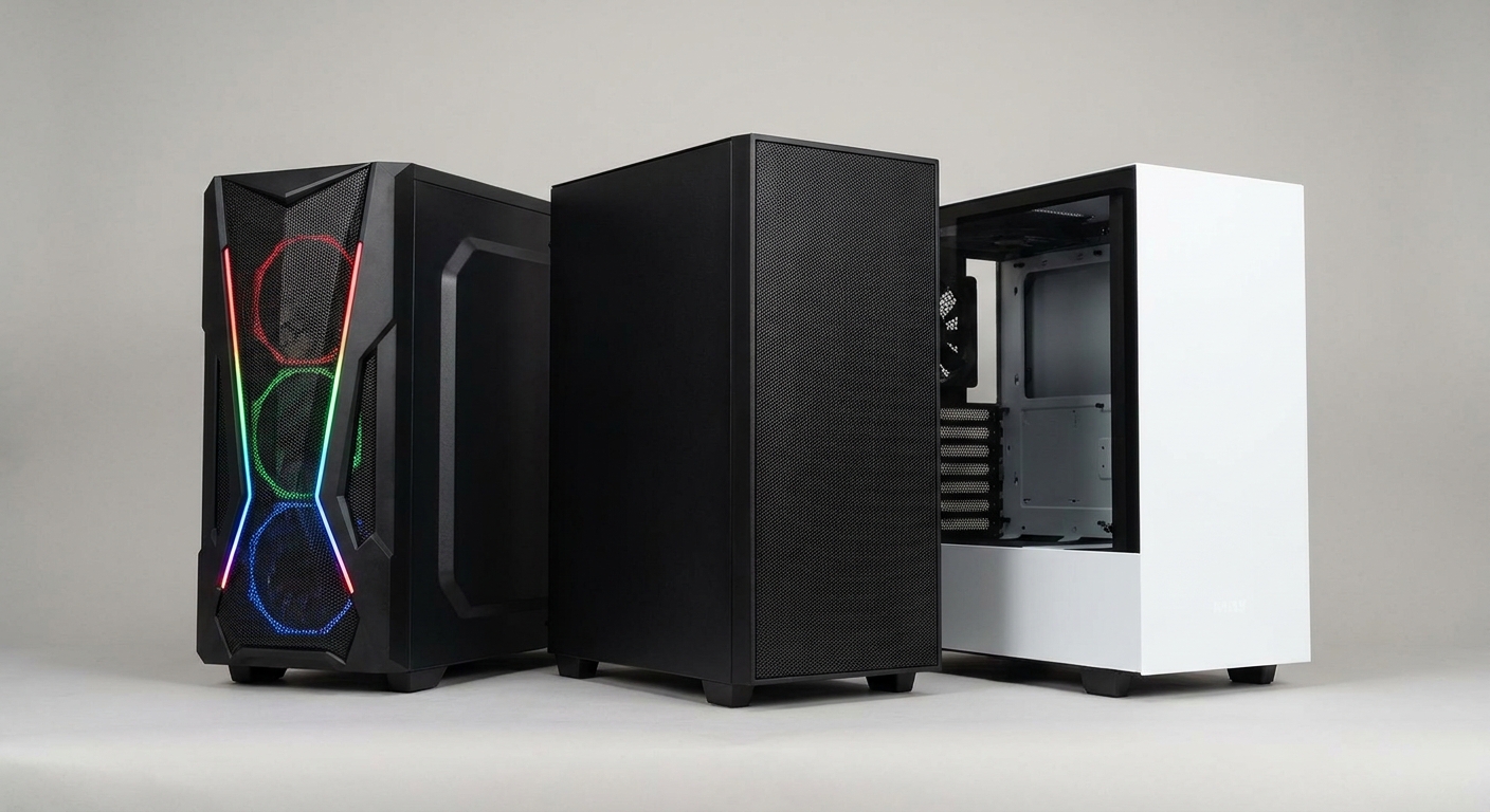 Three different PC case designs showing mesh front, tempered glass, and compact options