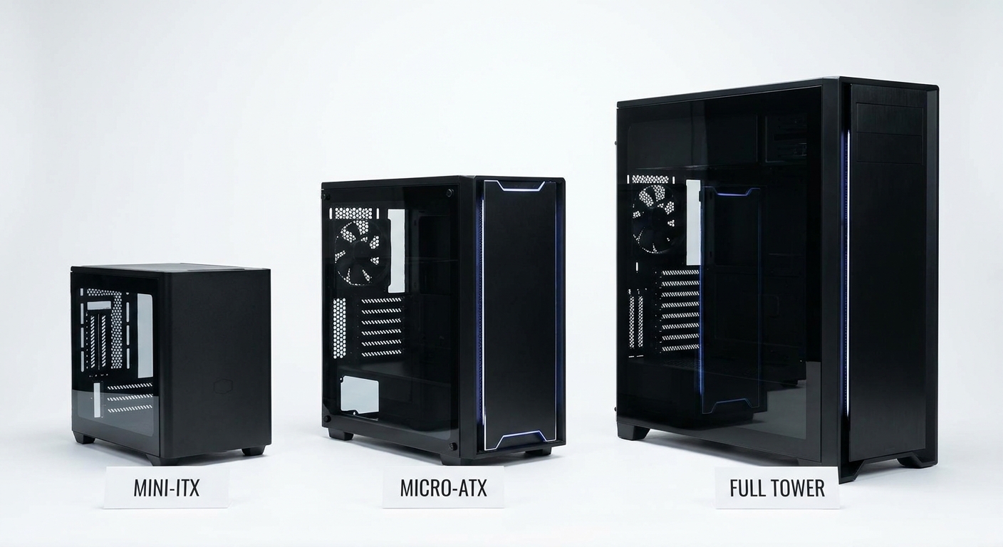 PC case size comparison from mini-ITX to full tower
