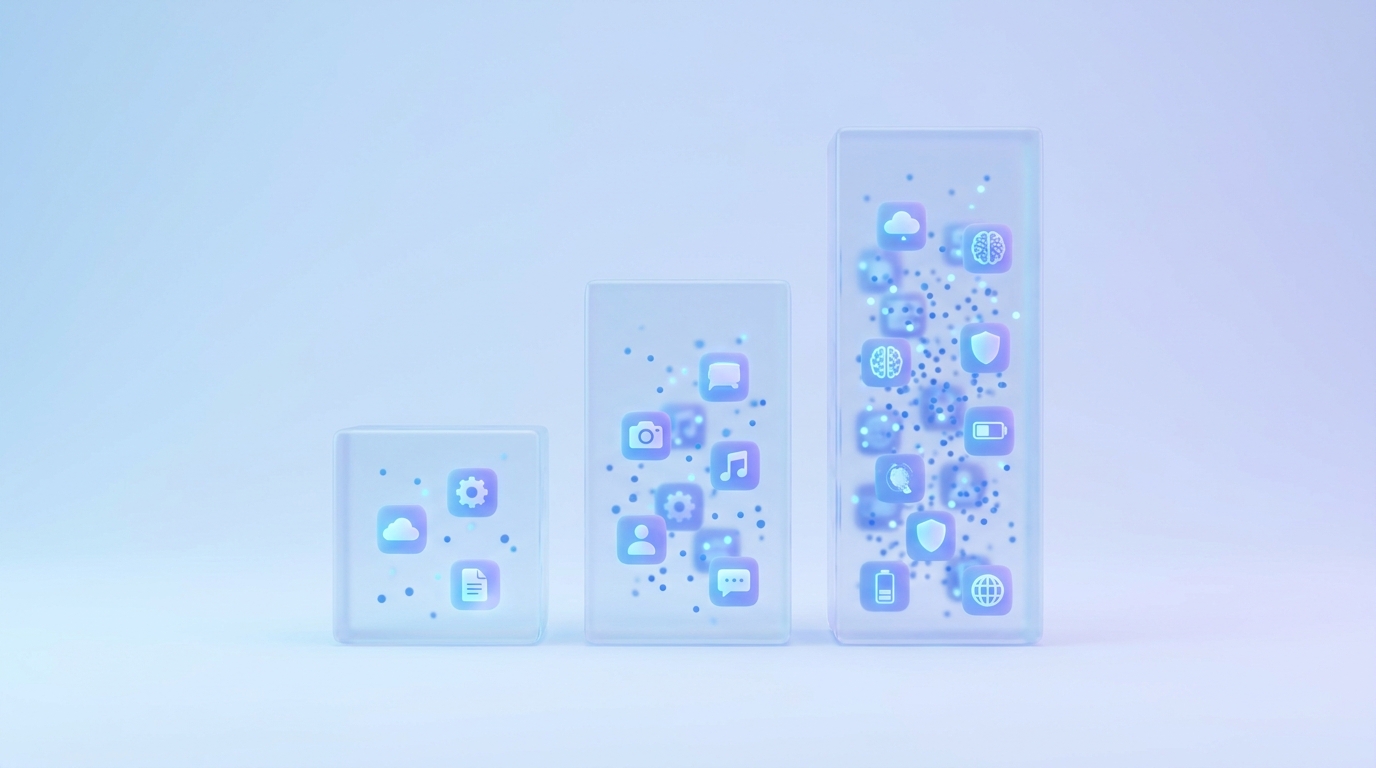 Conceptual illustration of three tiers of memory capacity as ascending glowing bars