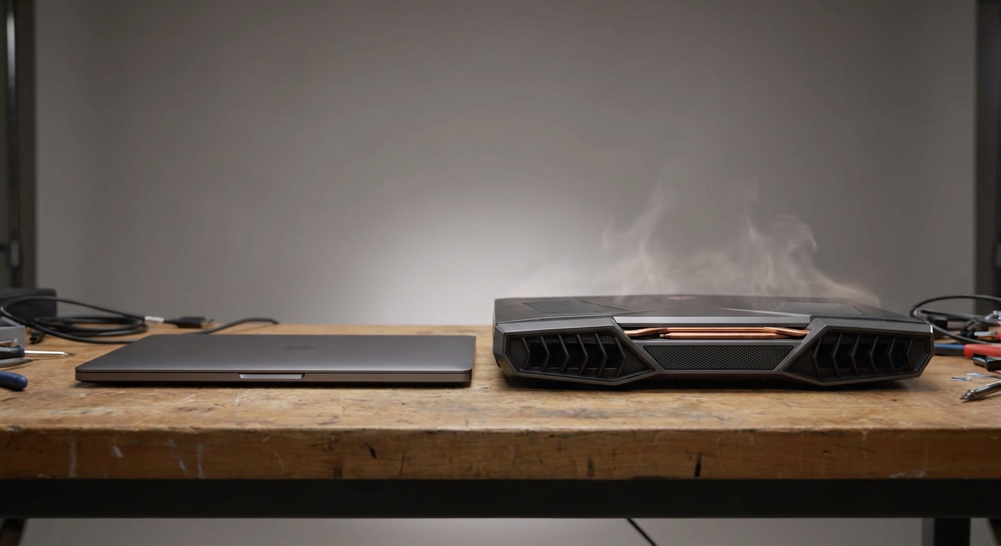 Two gaming laptops side by side showing different cooling designs