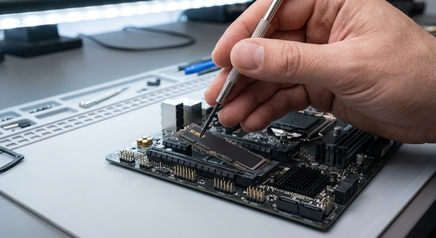 Hands installing an M.2 2280 NVMe SSD into a laptop slot