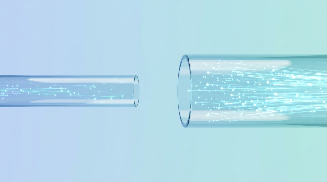 Conceptual illustration comparing a narrow data pipe with a much wider glowing data pipe