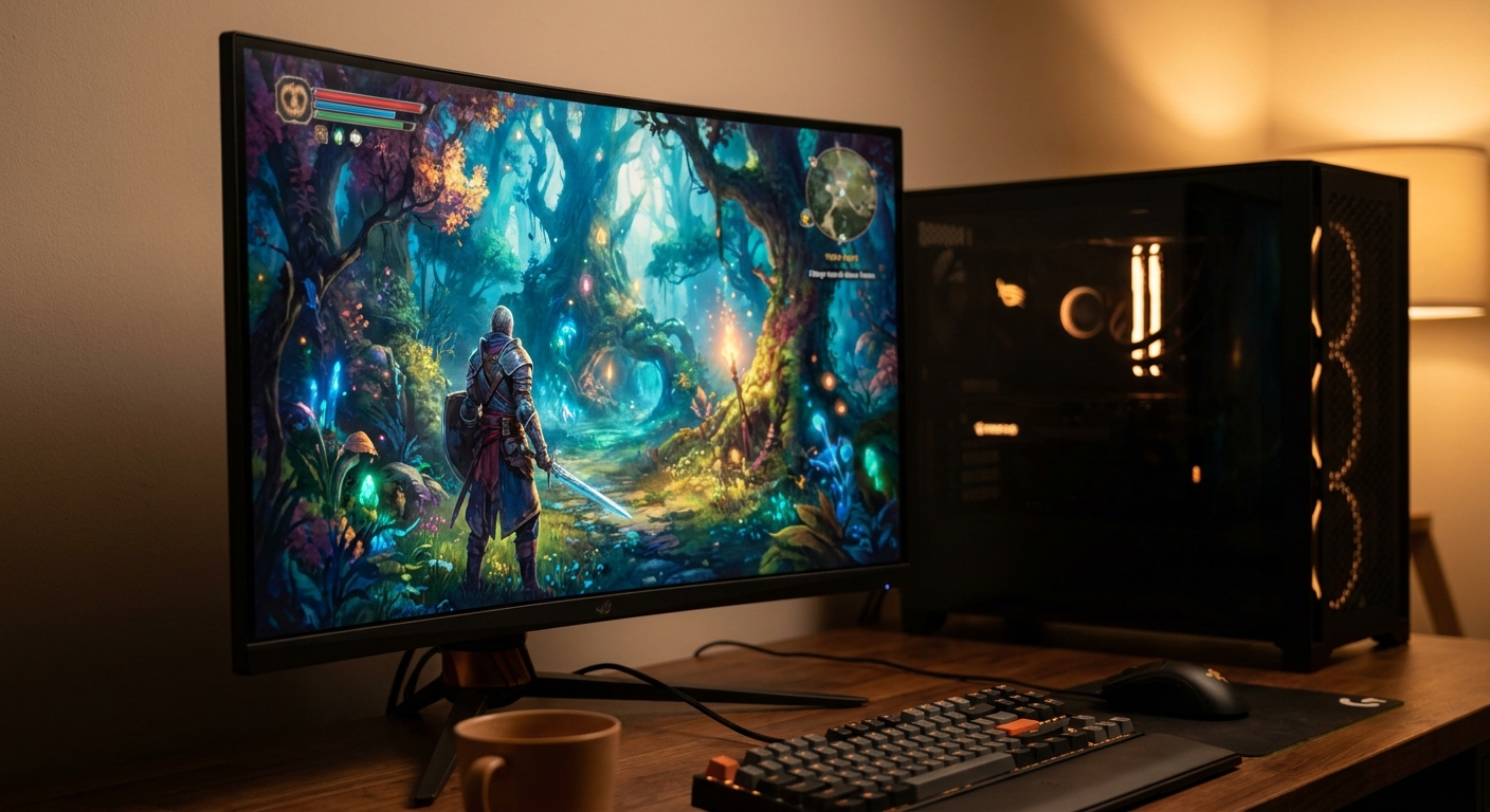 Gaming monitor showing smooth 1440p gameplay at high frame rates