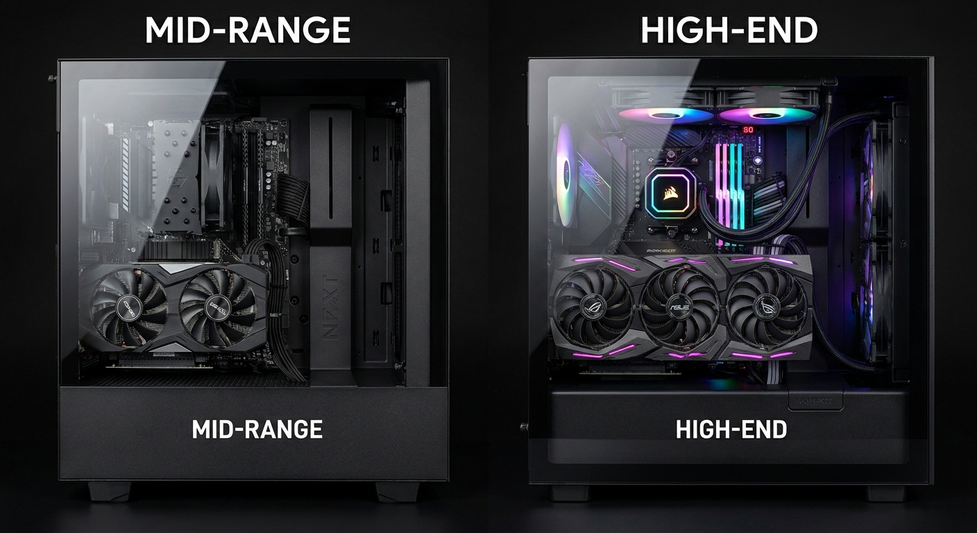 Comparison showing inside components of a pre-built gaming PC