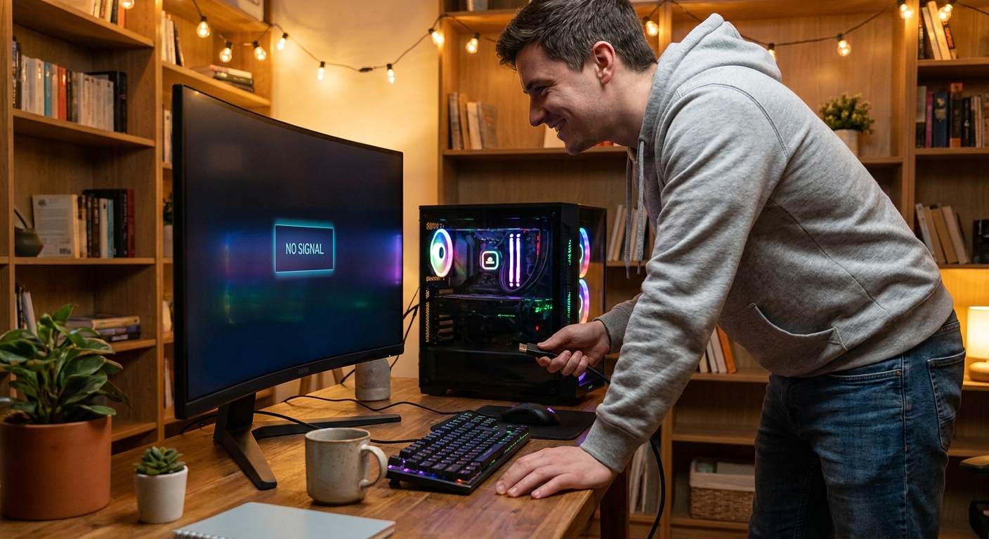 Person easily setting up a pre-built gaming PC by simply connecting a monitor cable