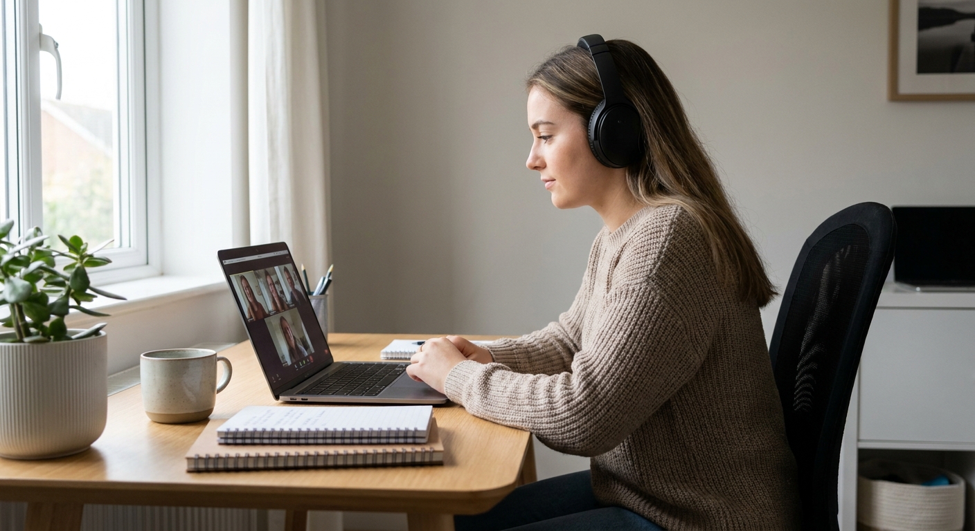 A student studying with headphones at a tidy desk covered in notes