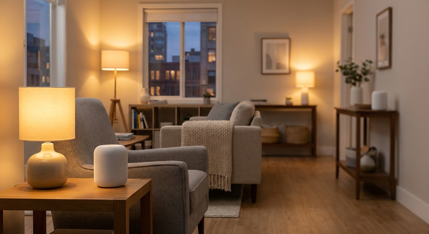 Two compact white mesh Wi-Fi nodes placed in a living room and a hallway of an apartment