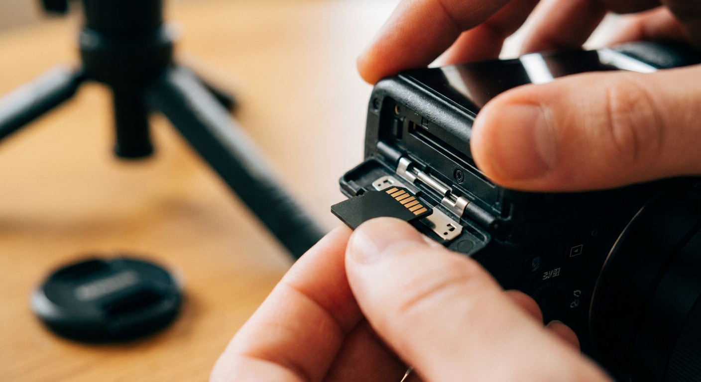 A hand inserting a microSD card into the card slot of a mirrorless camera