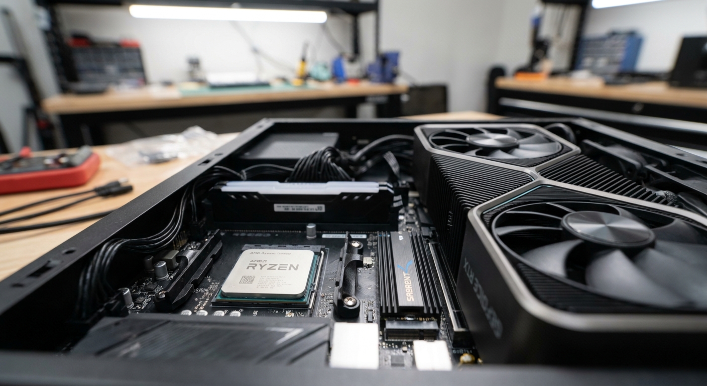 Motherboard installed in a gaming PC with CPU, GPU, and M.2 SSD