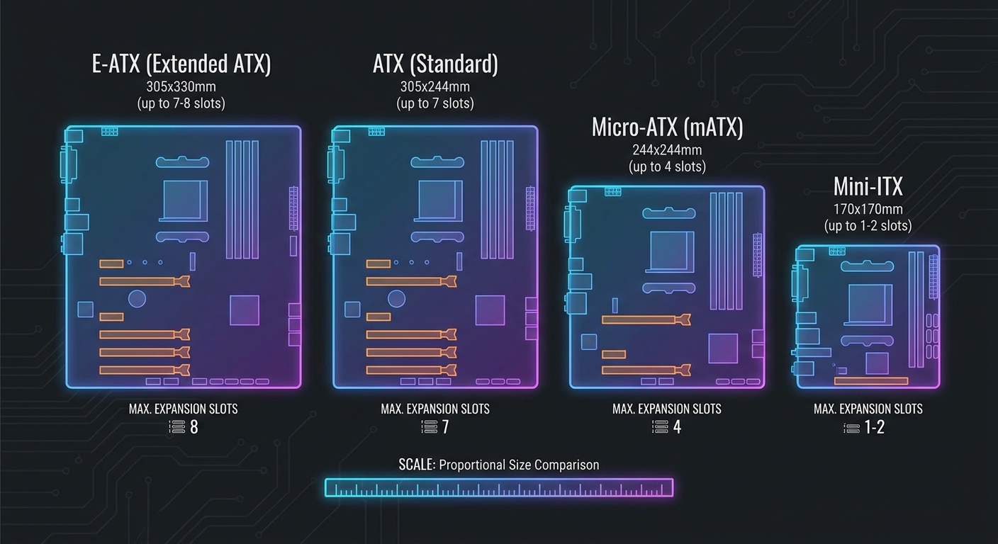 Motherboard form factor comparison -- E-ATX, ATX, Micro-ATX, Mini-ITX sizes