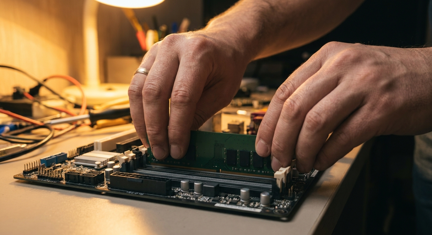 Hands installing a memory stick into a motherboard slot