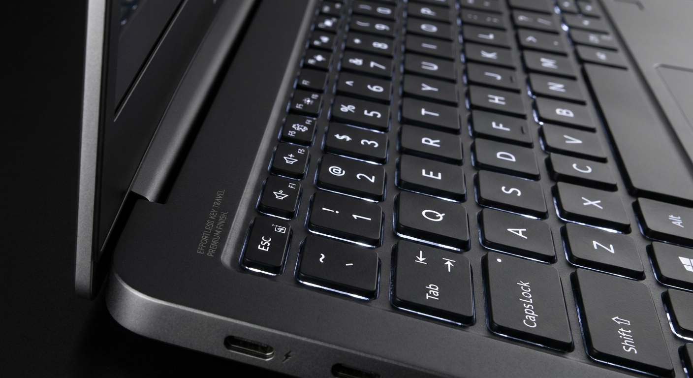 Premium ultrabook keyboard close-up showing backlit keys and slim profile