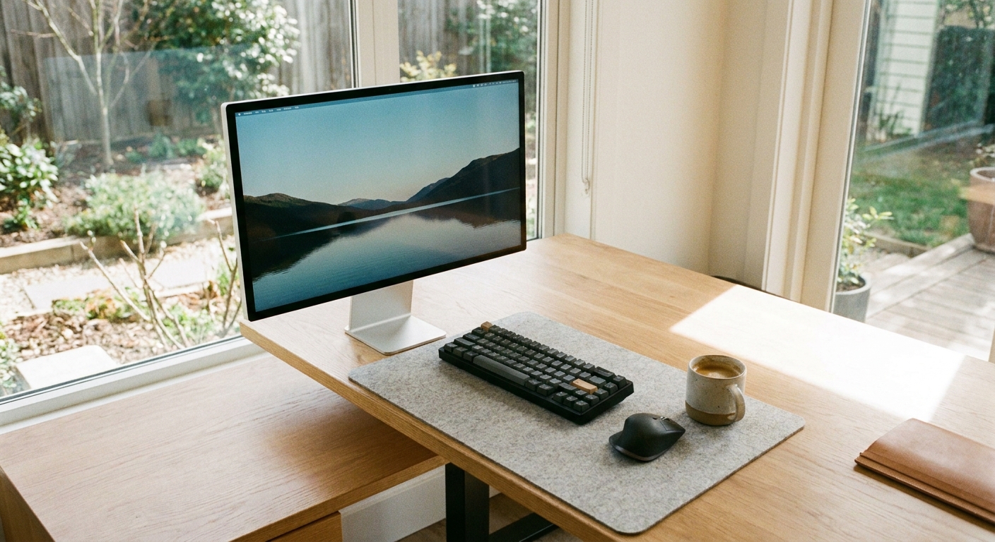 A clutter-free productivity desk with a wireless keyboard and mouse