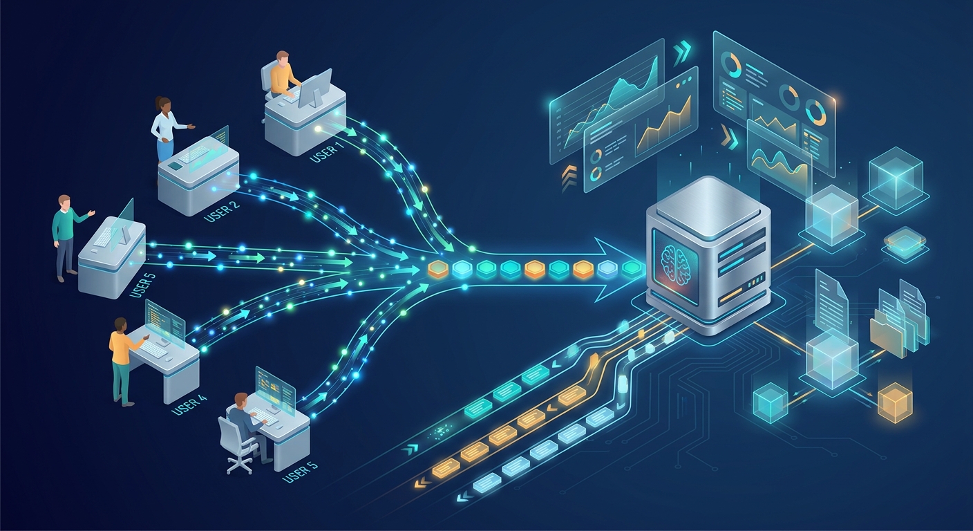 Conceptual illustration of several team users sending requests through a managed queue to one shared local AI server