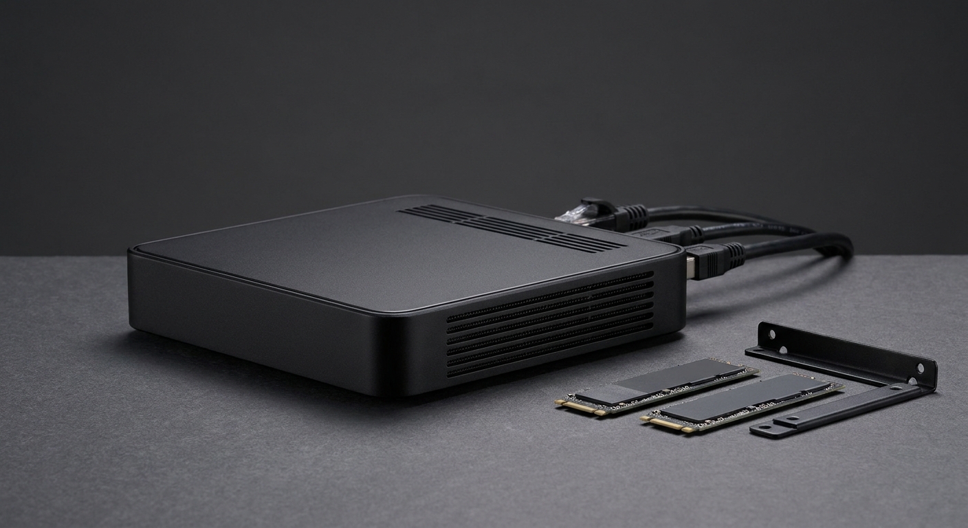 Compact ASUS NUC 16 Pro barebone mini PC with an Intel Core Ultra X7 358H processor, dual networking, and a slim black chassis