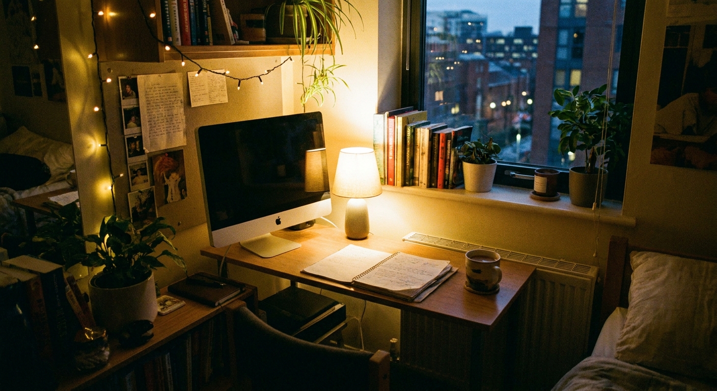 A compact all-in-one desktop on a narrow dorm desk with a notebook and a lamp
