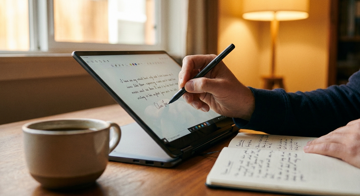 A student writing handwritten notes with a stylus on a convertible laptop screen