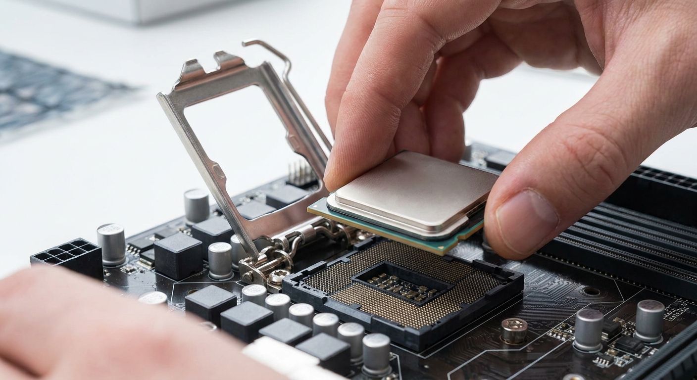 Hands lowering a desktop CPU into a motherboard socket