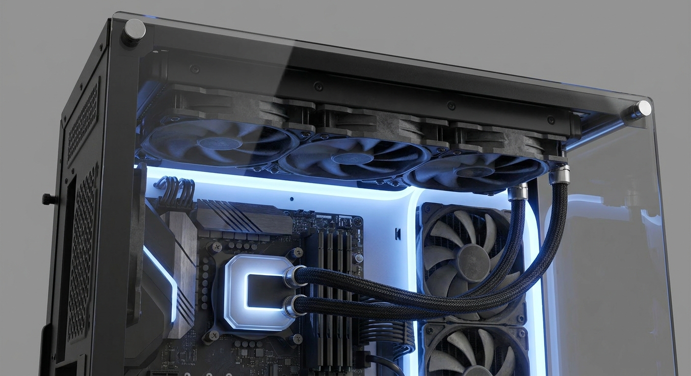 A 360mm radiator mounted in the top of an open PC case with the pump on the processor