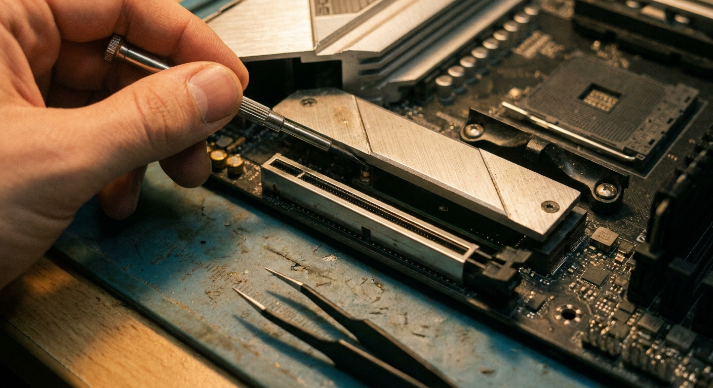 A hand lifting an M.2 heatsink cover on a motherboard to reveal an empty slot