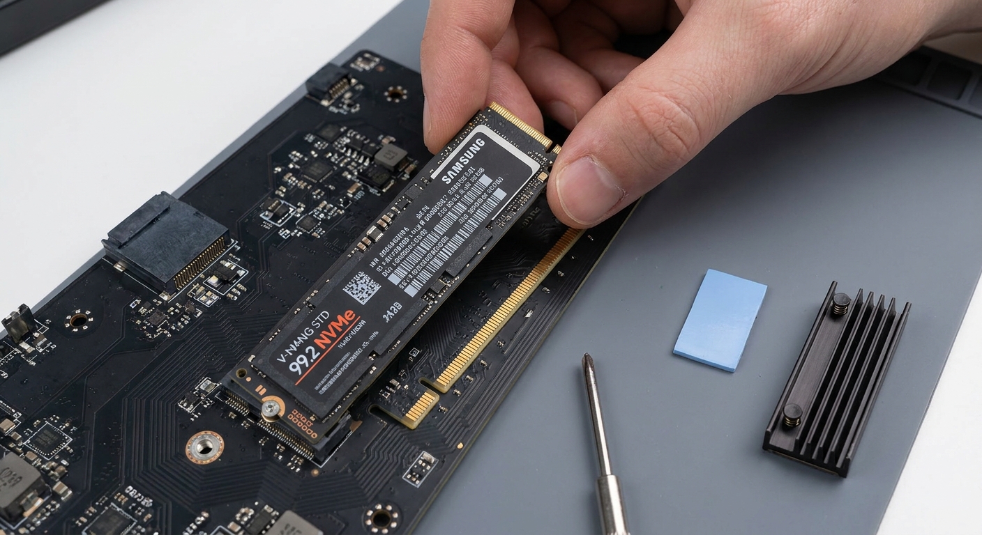 A hand seating an M.2 NVMe drive into a motherboard slot before screwing it down