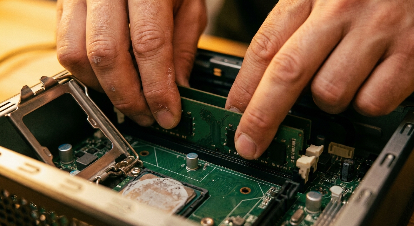 Hands pressing a memory module into a motherboard slot inside a compact desktop case