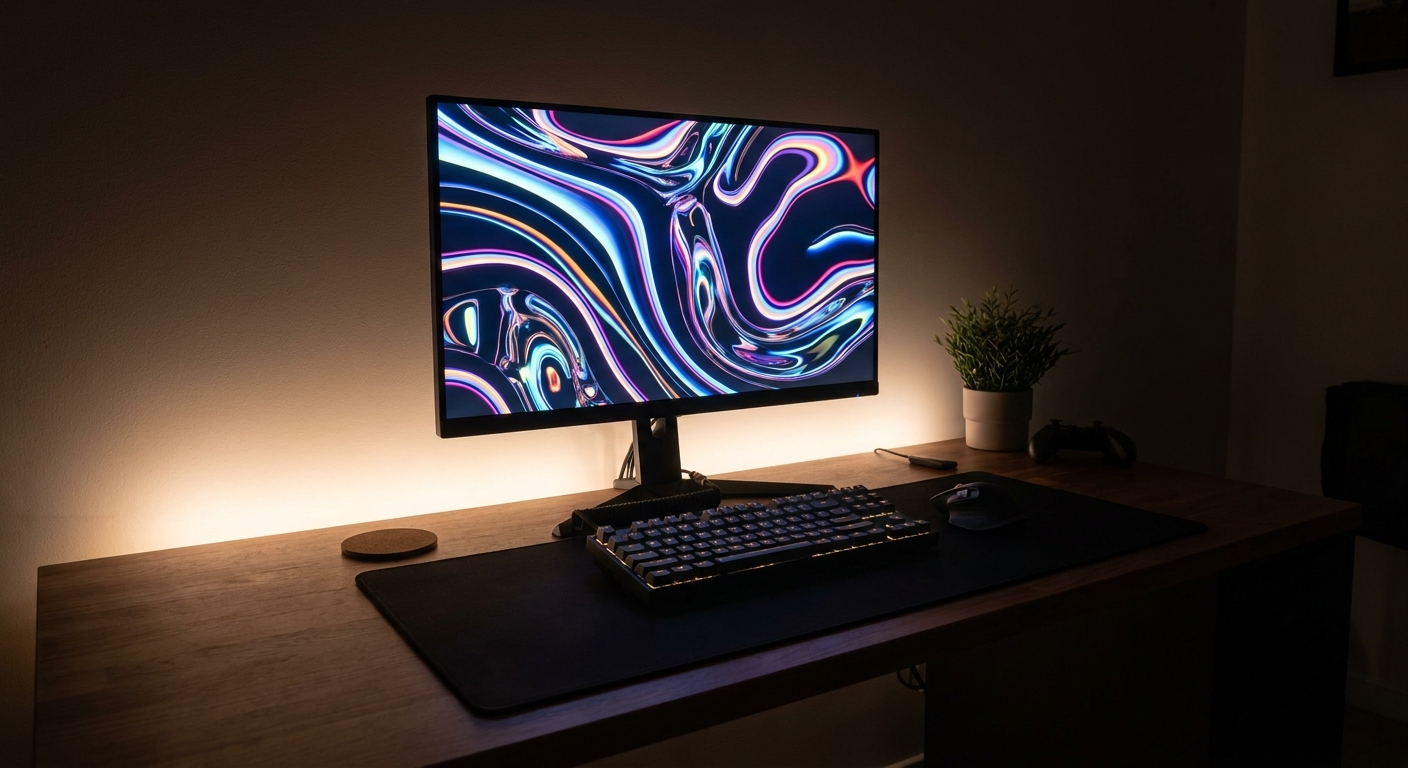 A bright home office desk with a wide OLED monitor, keyboard and daylight from a window