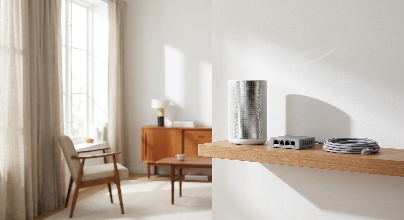A compact mesh Wi-Fi node on a shelf in a bright living room