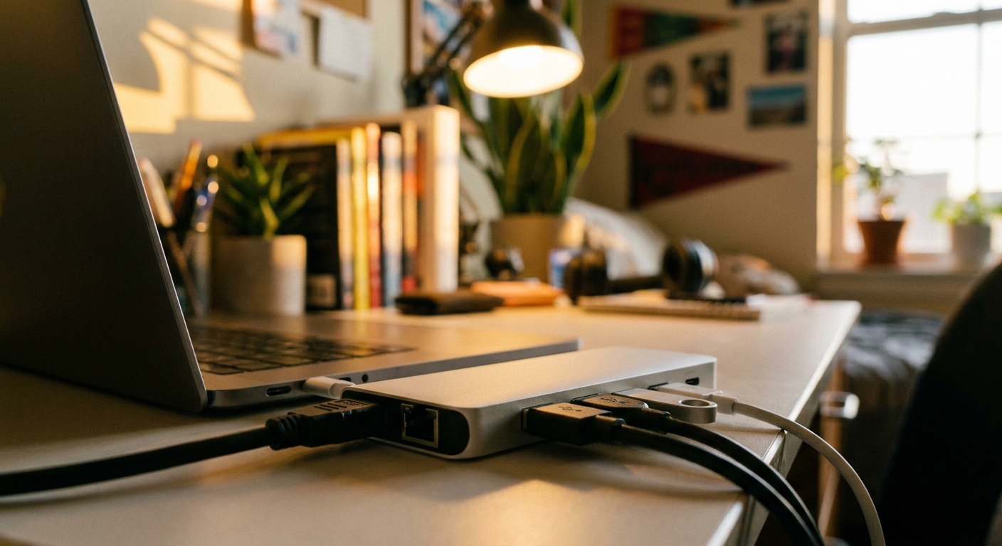 A dorm desk with a laptop connected to a dock, an external monitor and a desk lamp