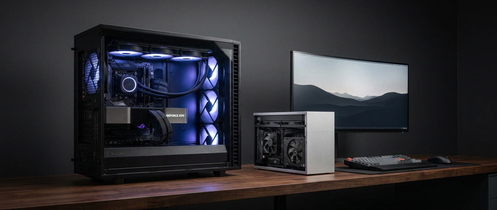 Spacious glass-sided ATX gaming PC build shown beside a smaller compact computer case for size comparison