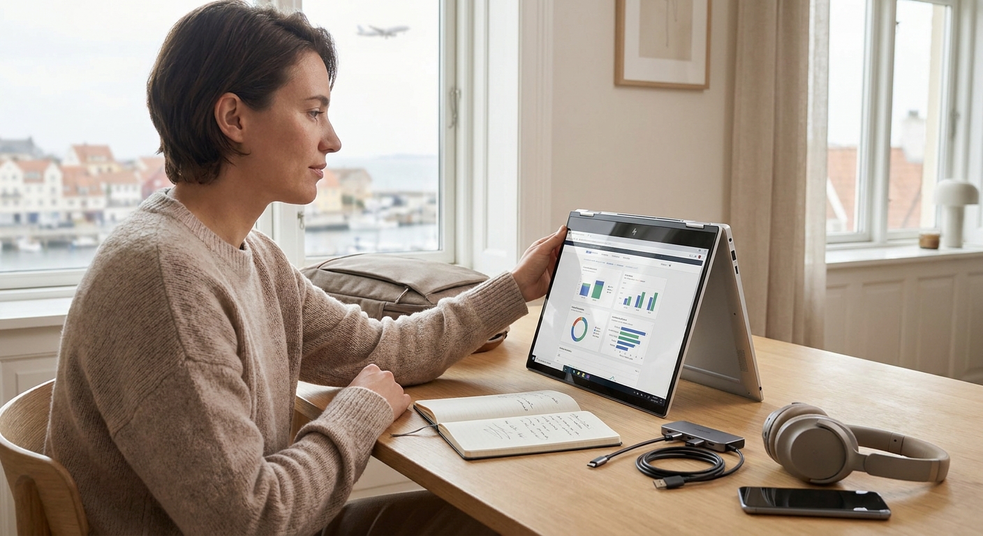 User evaluating a convertible laptop for productivity, travel, and light content creation