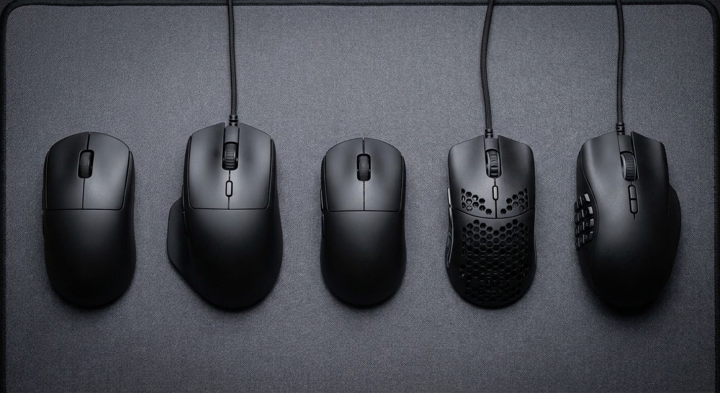 Five gaming mice with different shell shapes arranged in a row on a dark grey cloth desk mat Five gaming mice with different shell shapes arranged in a row on a dark grey cloth desk mat