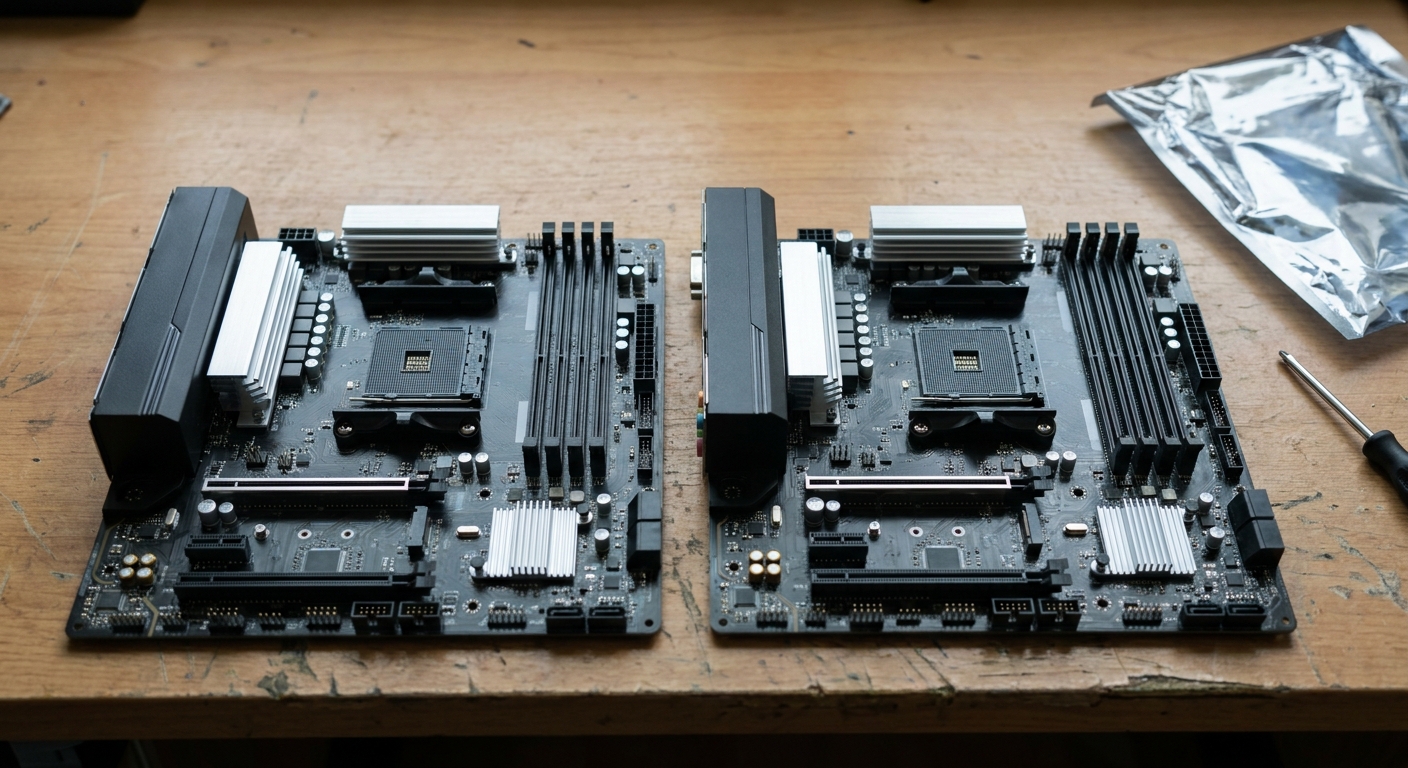 Two empty AMD desktop motherboards lying side by side on a wooden workbench next to an anti-static bag Two empty AMD desktop motherboards lying side by side on a wooden workbench next to an anti-static bag