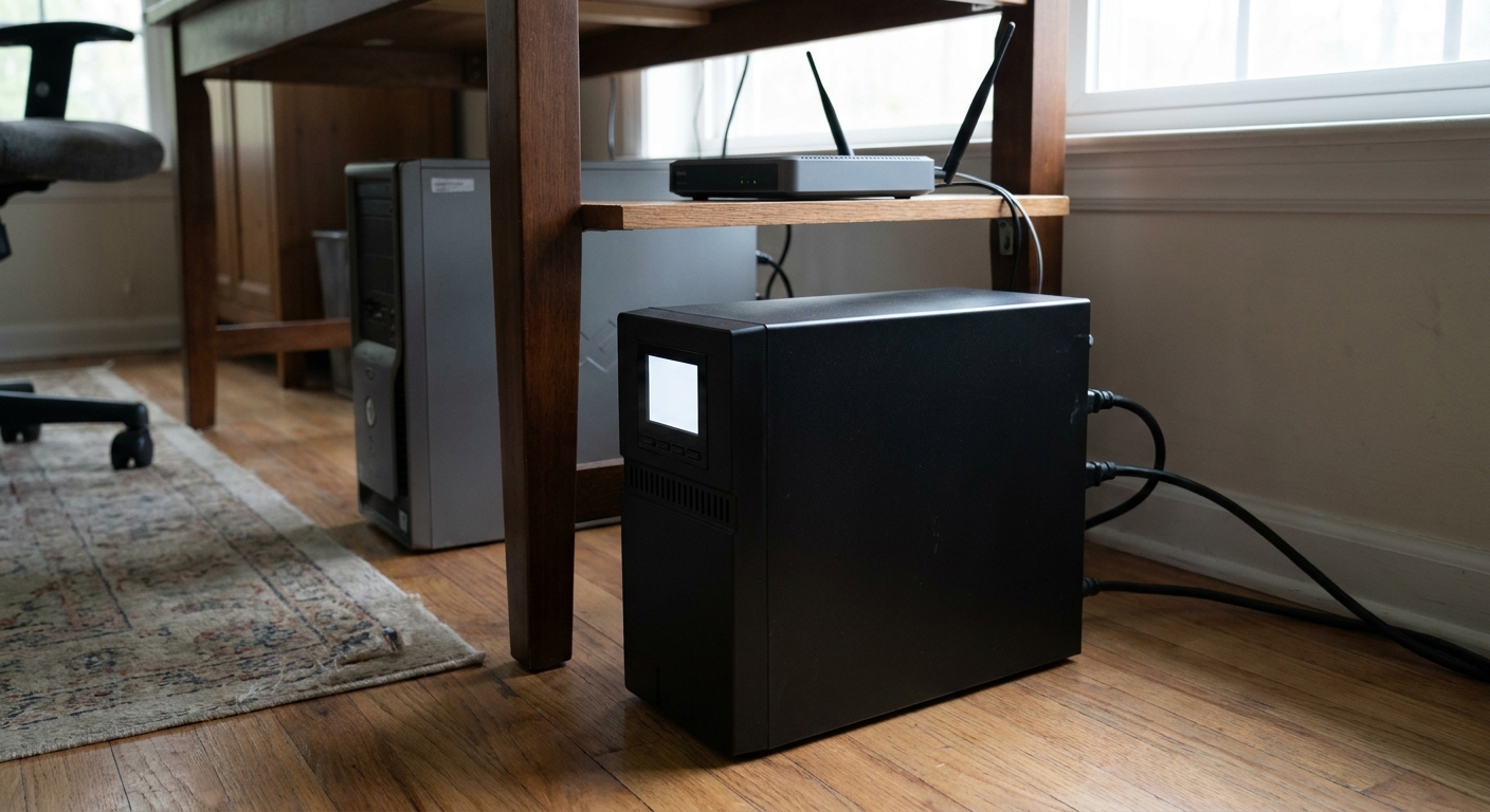 Black tower uninterruptible power supply on a hardwood floor under a home office desk beside a desktop PC Black tower uninterruptible power supply on a hardwood floor under a home office desk beside a desktop PC