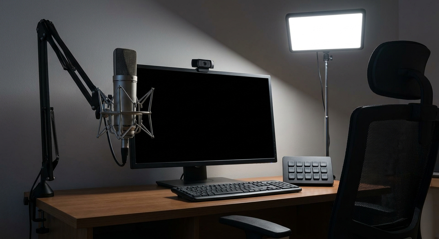 Home streaming desk with a condenser microphone on a boom arm, a webcam on a monitor and an LED panel light on a stand Home streaming desk with a condenser microphone on a boom arm, a webcam on a monitor and an LED panel light on a stand