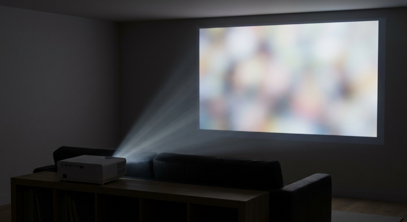 Home theatre projector on a rear shelf casting a bright image onto a screen on the far wall in a darkened living room Home theatre projector on a rear shelf casting a bright image onto a screen on the far wall in a darkened living room