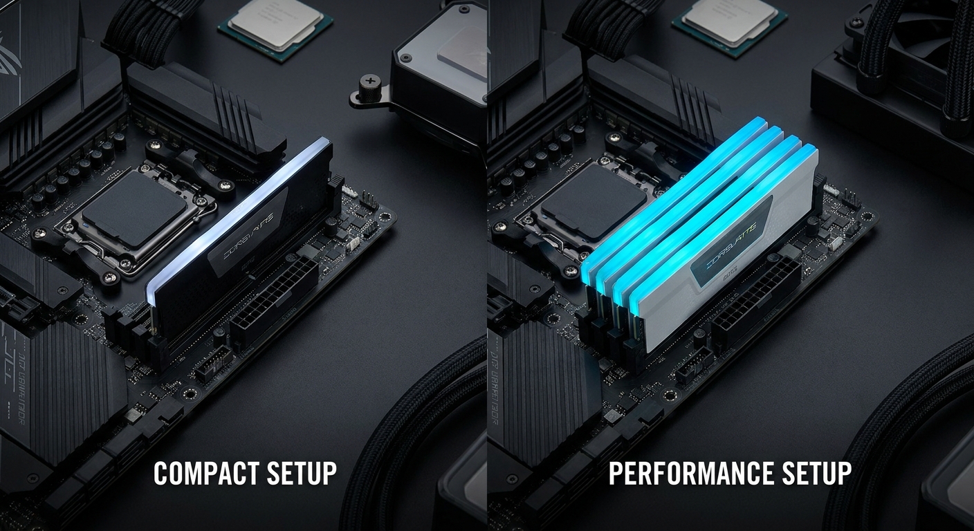Visual comparison of a single 16GB-class DDR5 module and a matched two-module DDR5-6400 configuration