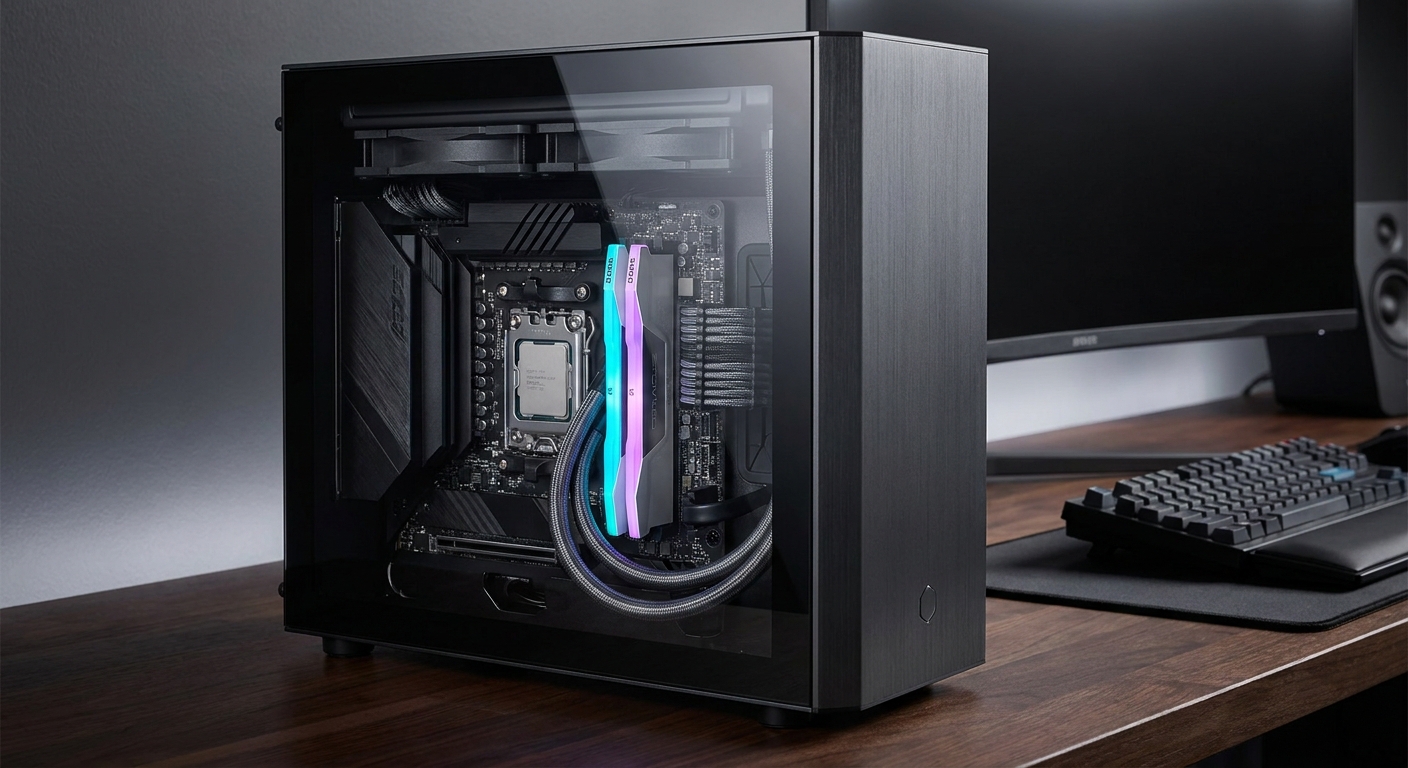 Silver RGB DDR5 memory modules installed in a modern gaming desktop PC
