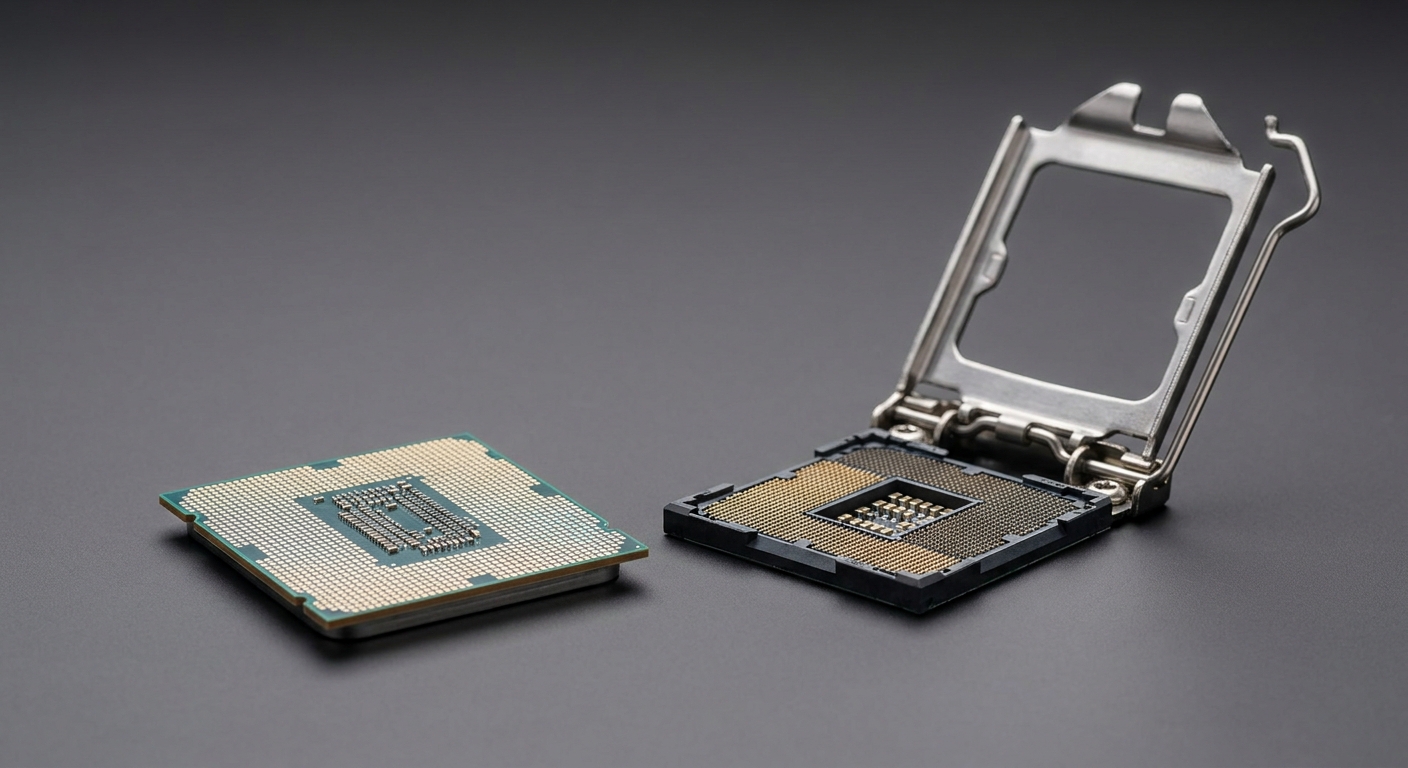 A desktop processor lying contact side up on a grey surface beside an open motherboard CPU socket with the retention frame lifted A desktop processor lying contact side up on a grey surface beside an open motherboard CPU socket with the retention frame lifted