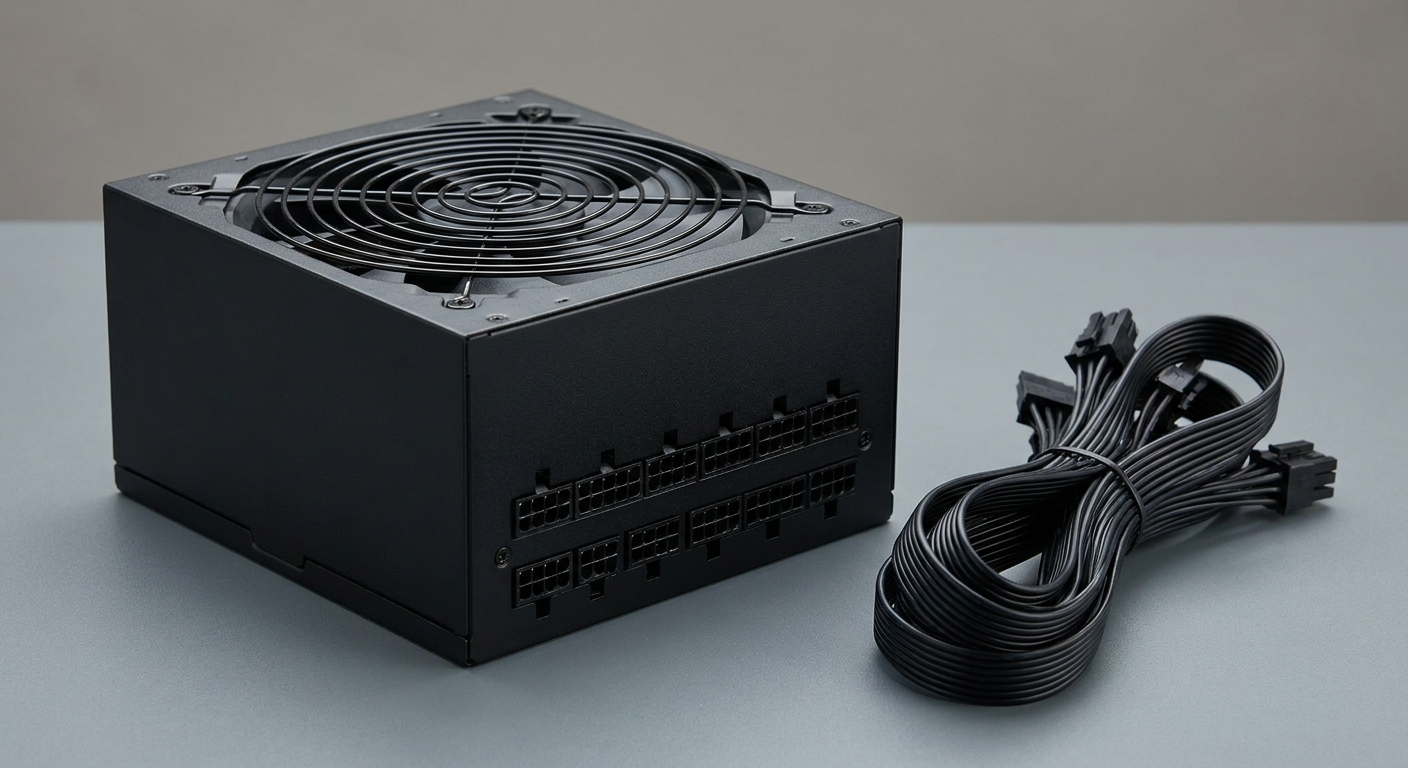 A fully modular ATX power supply with a single top-mounted fan beside a coil of detached black modular cables A fully modular ATX power supply with a single top-mounted fan beside a coil of detached black modular cables