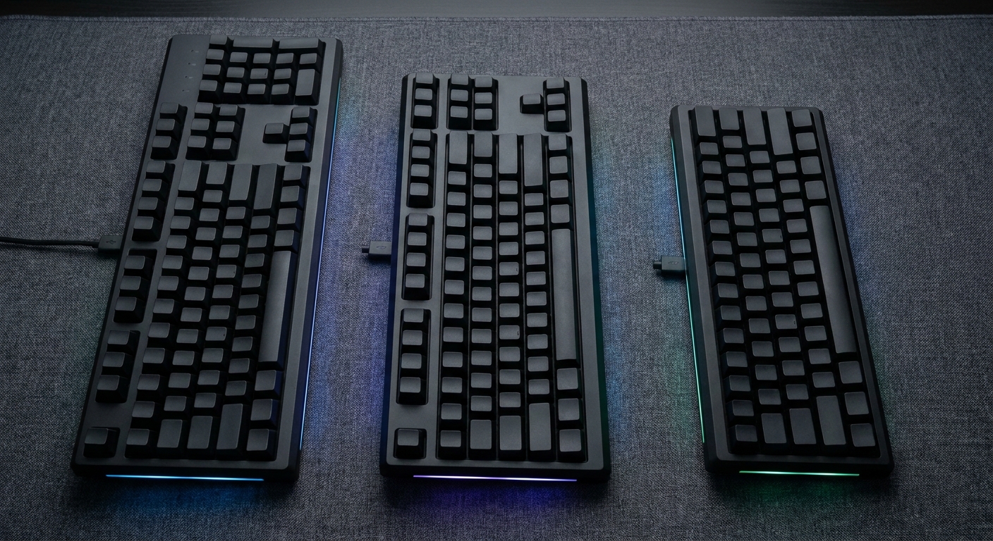 Three black mechanical keyboards of decreasing width laid side by side on a dark grey fabric desk mat Three black mechanical keyboards of decreasing width laid side by side on a dark grey fabric desk mat