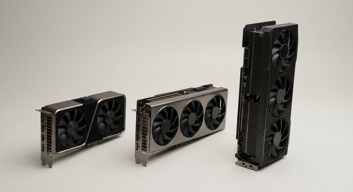 Three graphics cards of increasing size standing upright in a row on a light grey surface Three graphics cards of increasing size standing upright in a row on a light grey surface