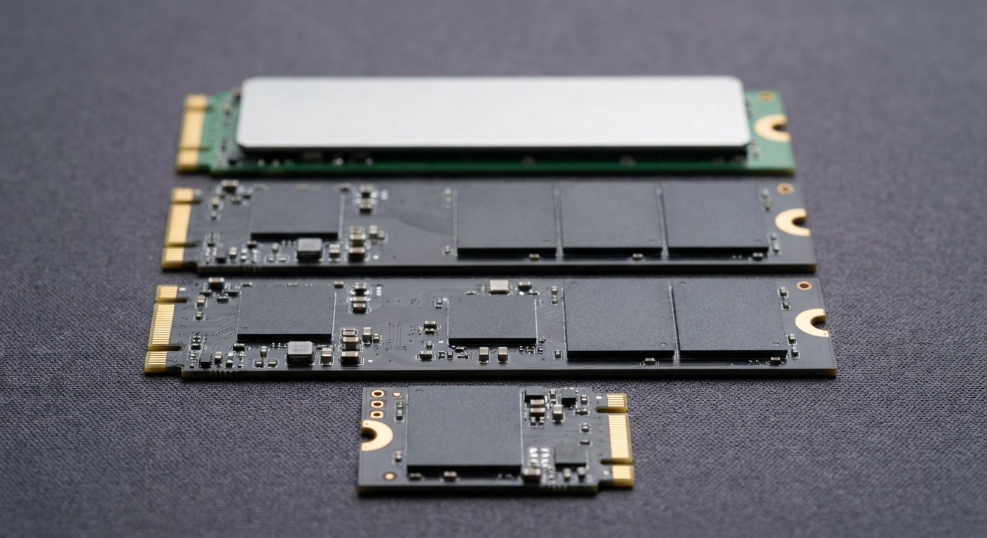 Three M.2 2280 solid state drives lying in a row with a smaller M.2 2230 drive below them for size comparison Three M.2 2280 solid state drives lying in a row with a smaller M.2 2230 drive below them for size comparison