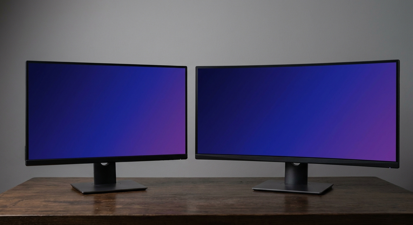 A flat widescreen monitor next to a curved ultrawide monitor on a dark wooden desk A flat widescreen monitor next to a curved ultrawide monitor on a dark wooden desk