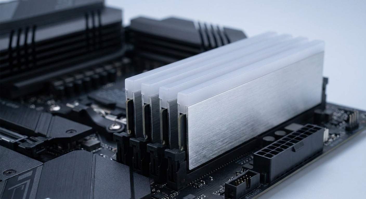 Four DDR5 memory modules with aluminium heat spreaders installed in four motherboard DIMM slots Four DDR5 memory modules with aluminium heat spreaders installed in four motherboard DIMM slots
