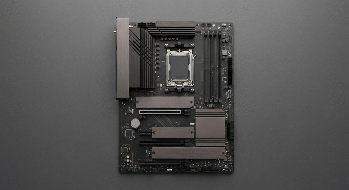 An ATX motherboard photographed from above showing the CPU socket, four memory slots, expansion slots and M.2 heatsinks An ATX motherboard photographed from above showing the CPU socket, four memory slots, expansion slots and M.2 heatsinks