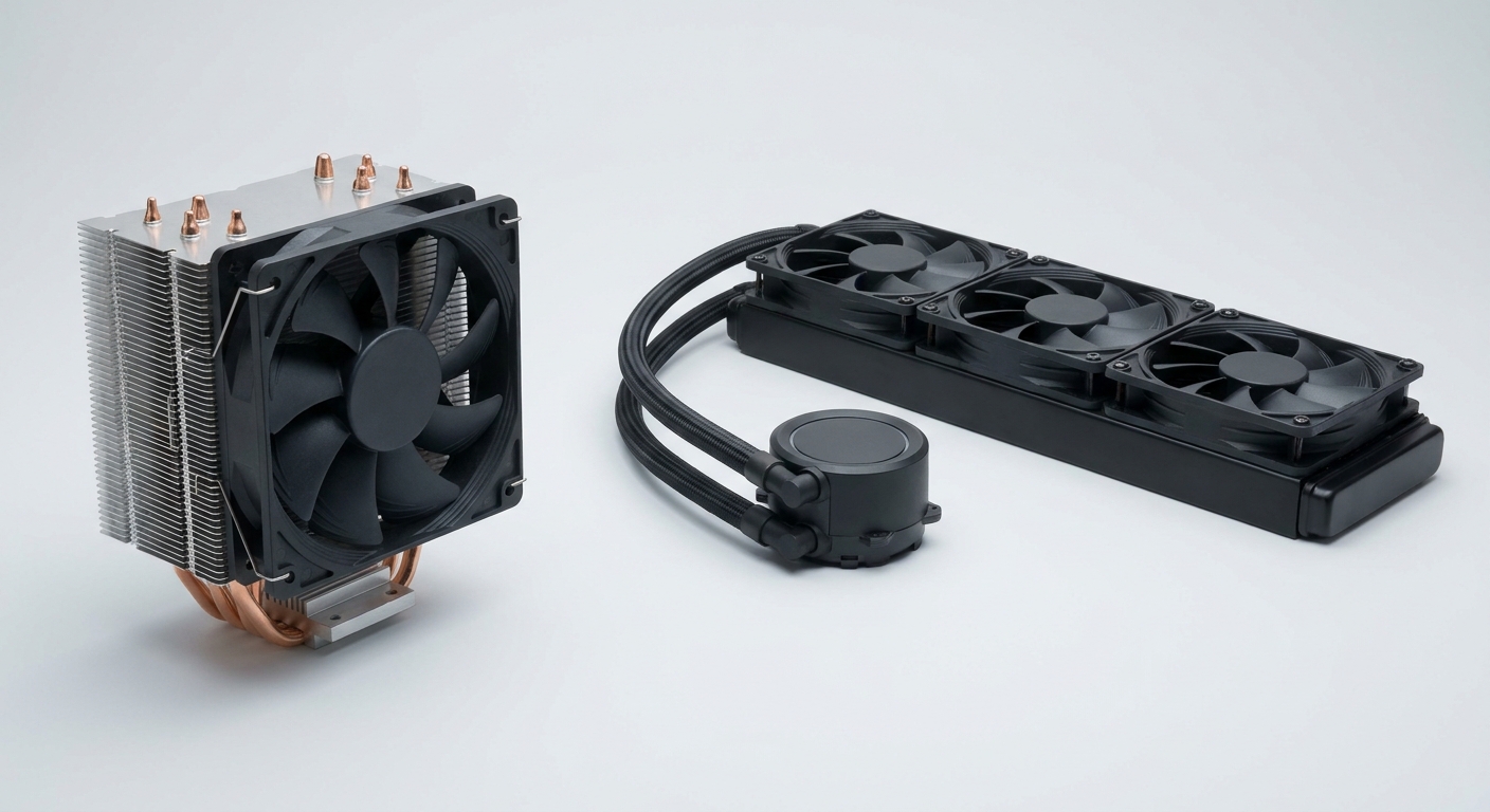 A tower air cooler with a single fan beside a 360mm all-in-one liquid cooler with three fans and a round pump block A tower air cooler with a single fan beside a 360mm all-in-one liquid cooler with three fans and a round pump block